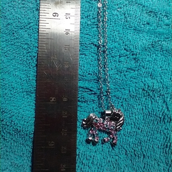 Silvertone colorful rhinestone unicorn chain necklace - Picture 3 of 6